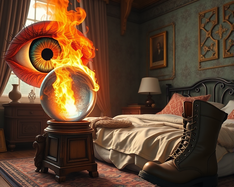 eye, fire, crystal ball, bed, boot